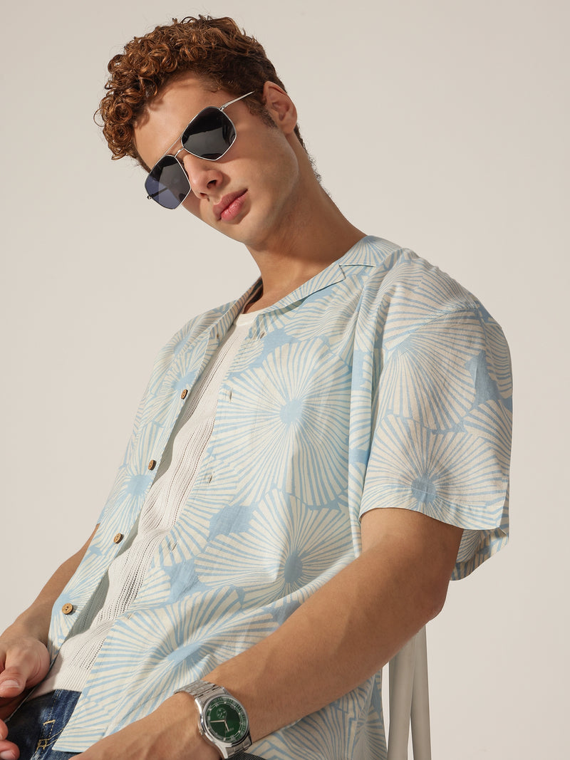 Blue: Block Printed Drop Shoulder Oversized Shirt