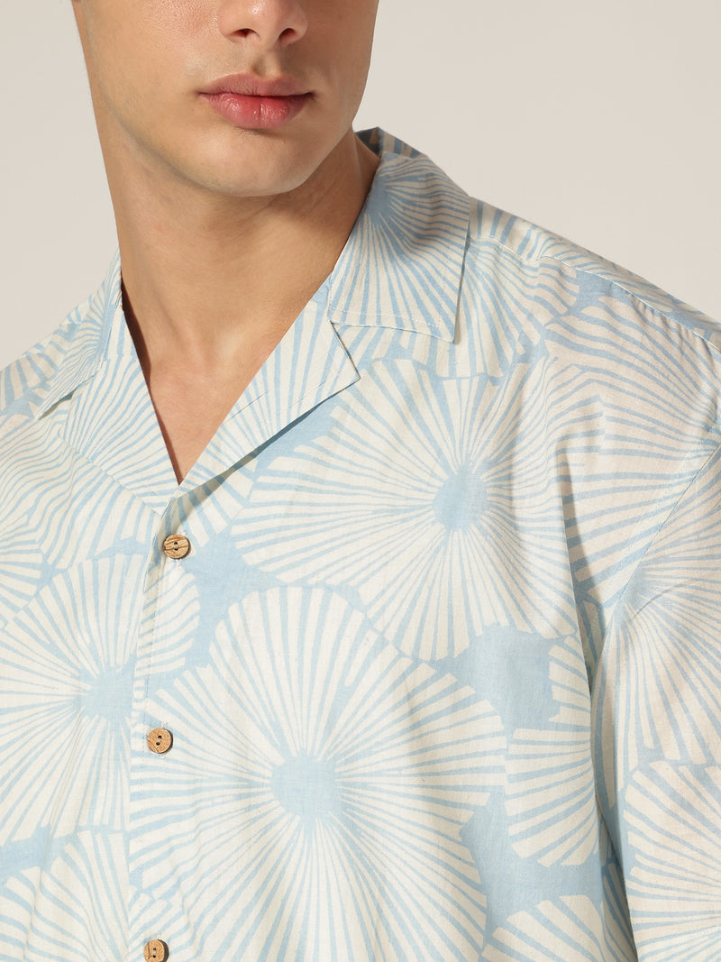 Blue: Block Printed Drop Shoulder Oversized Shirt