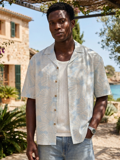 Blue: Block Printed Drop Shoulder Oversized Shirt