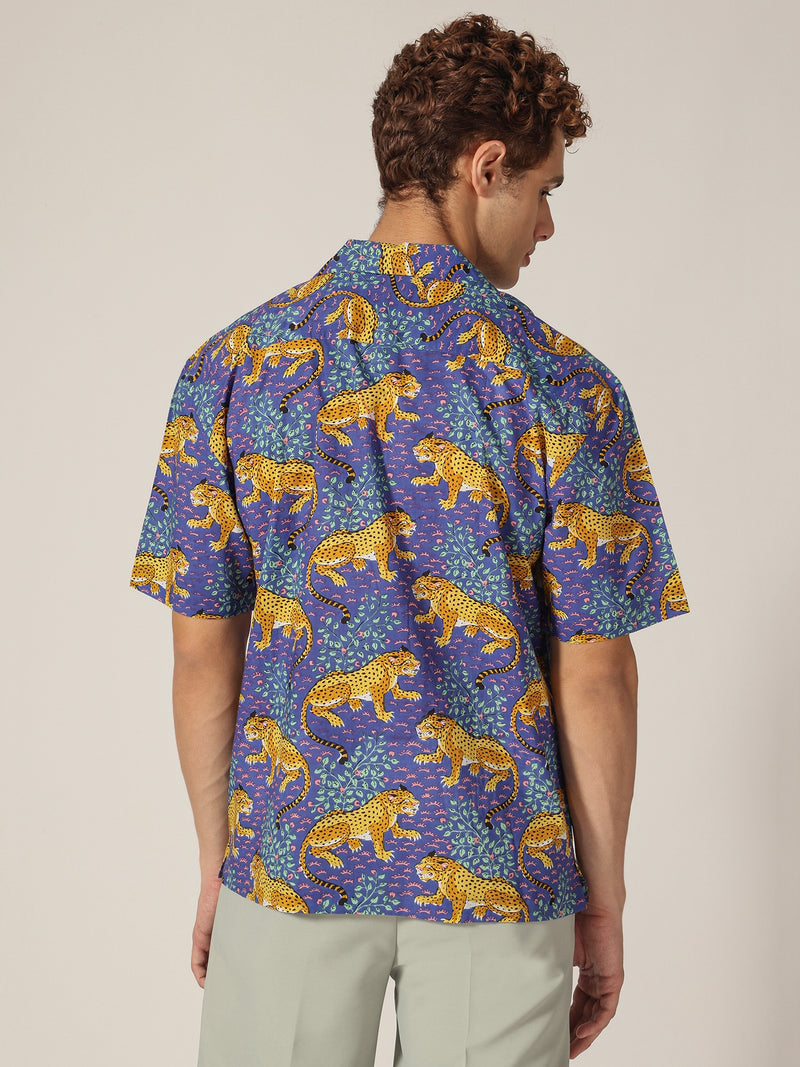 Blue: Tropical & Animal Block Printed Drop Shoulder Oversized Shirt