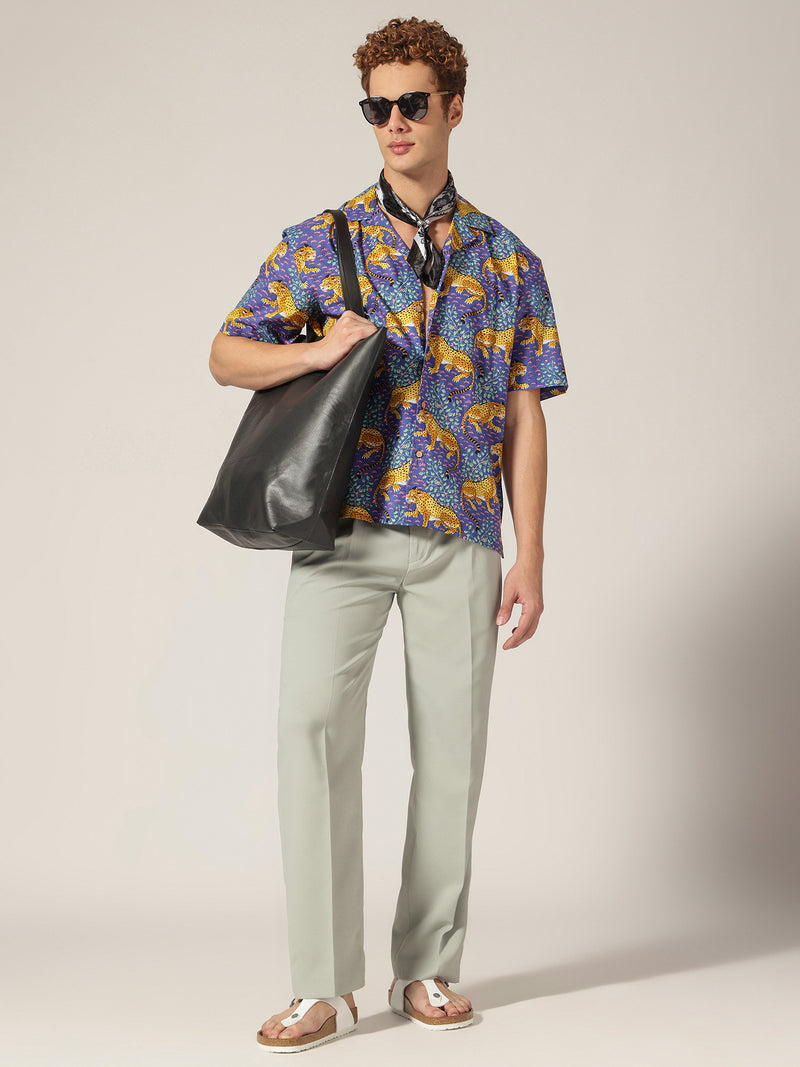 Blue: Tropical & Animal Block Printed Drop Shoulder Oversized Shirt