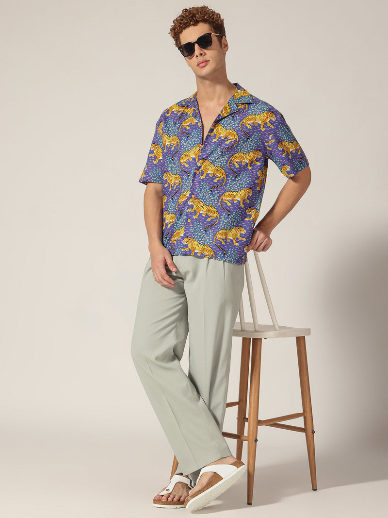 Blue: Tropical & Animal Block Printed Drop Shoulder Oversized Shirt