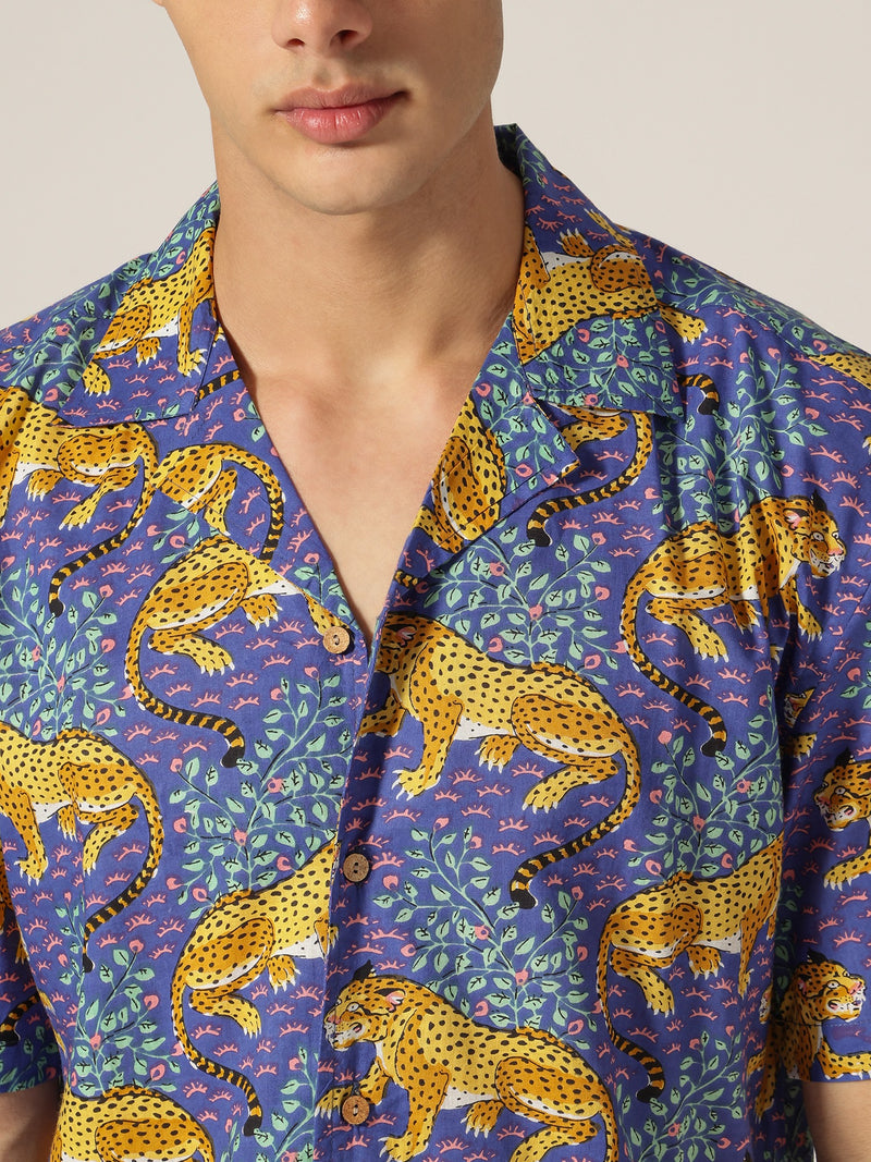 Blue: Tropical & Animal Block Printed Drop Shoulder Oversized Shirt