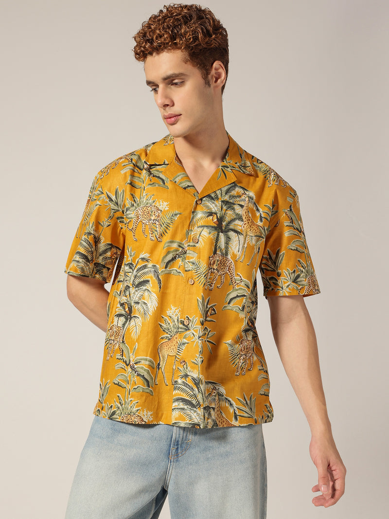 Mustard: Tropical Block Printed Drop Shoulder Oversized Shirt