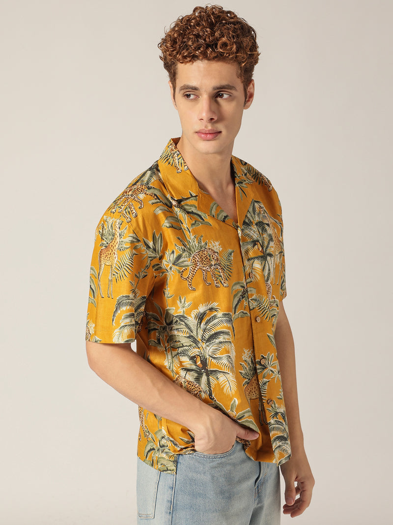 Mustard: Tropical Block Printed Drop Shoulder Oversized Shirt
