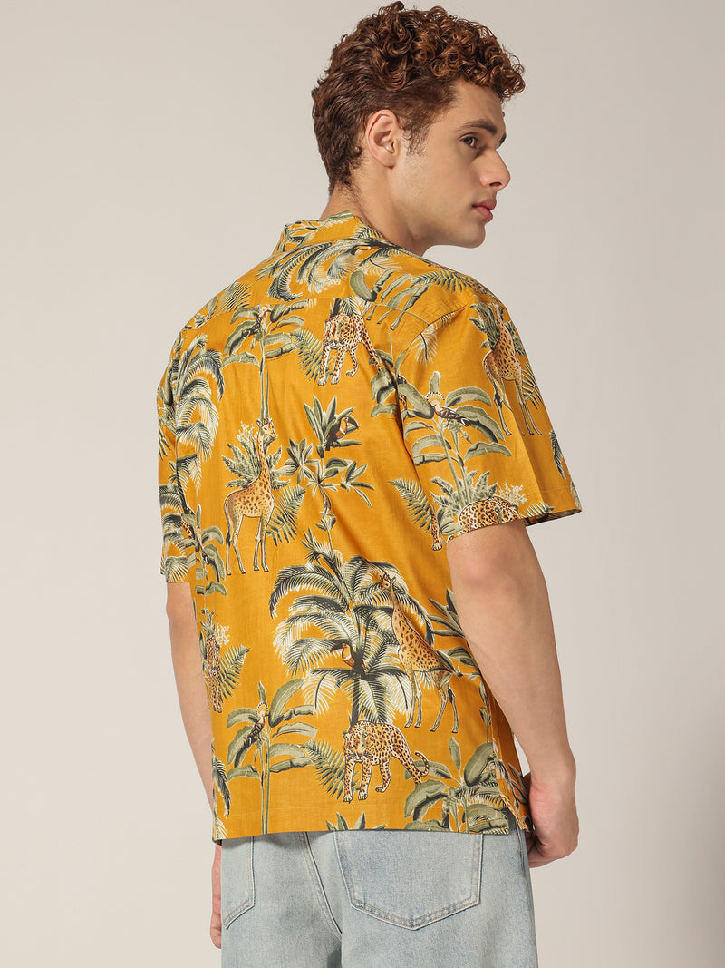 Mustard: Tropical Block Printed Drop Shoulder Oversized Shirt