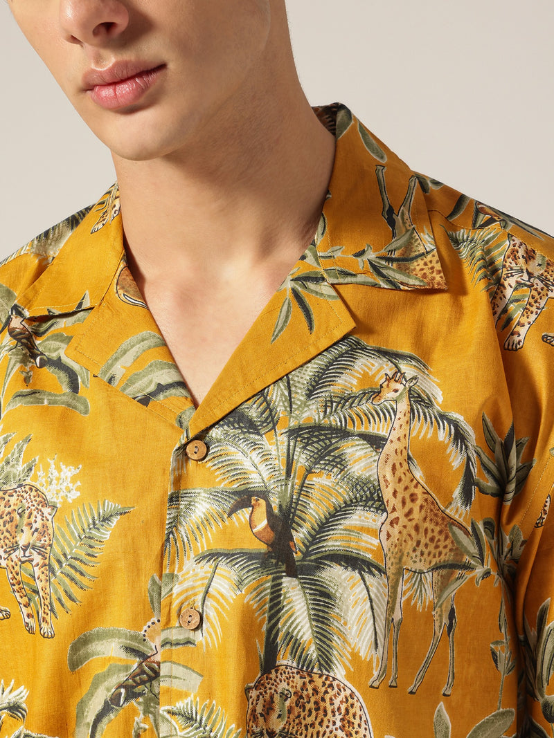 Mustard: Tropical Block Printed Drop Shoulder Oversized Shirt