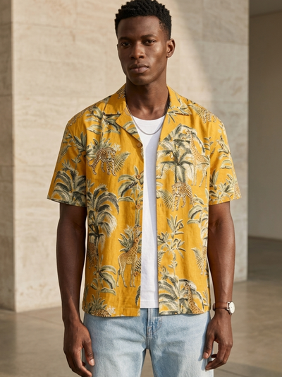 Mustard: Tropical Block Printed Drop Shoulder Oversized Shirt