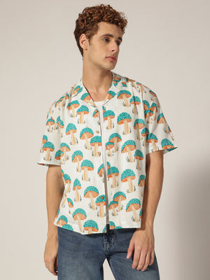 White & Blue: Tropical Block Printed Drop Shoulder Oversized Shirt