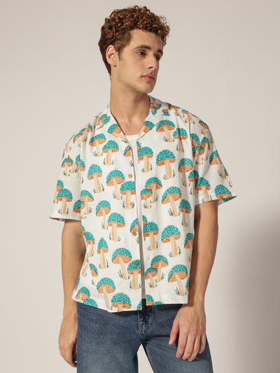 White & Blue: Tropical Block Printed Drop Shoulder Oversized Shirt