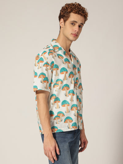 White & Blue: Tropical Block Printed Drop Shoulder Oversized Shirt