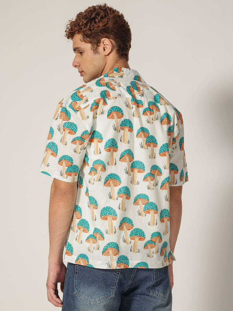 White & Blue: Tropical Block Printed Drop Shoulder Oversized Shirt