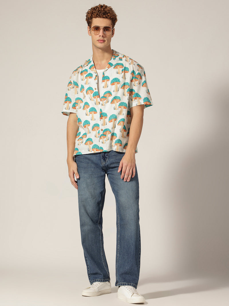 White & Blue: Tropical Block Printed Drop Shoulder Oversized Shirt