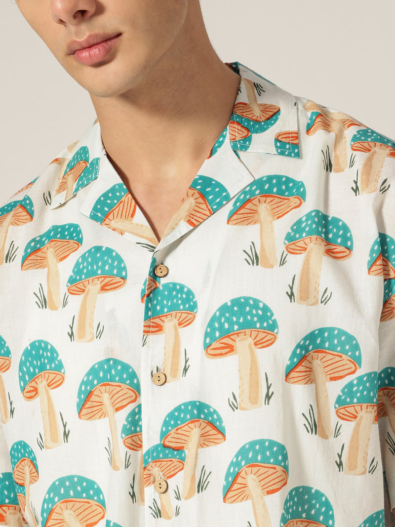 White & Blue: Tropical Block Printed Drop Shoulder Oversized Shirt