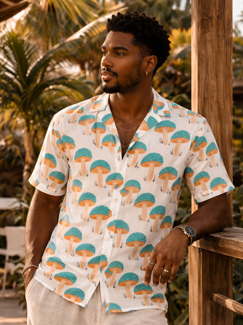 White & Blue: Tropical Block Printed Drop Shoulder Oversized Shirt
