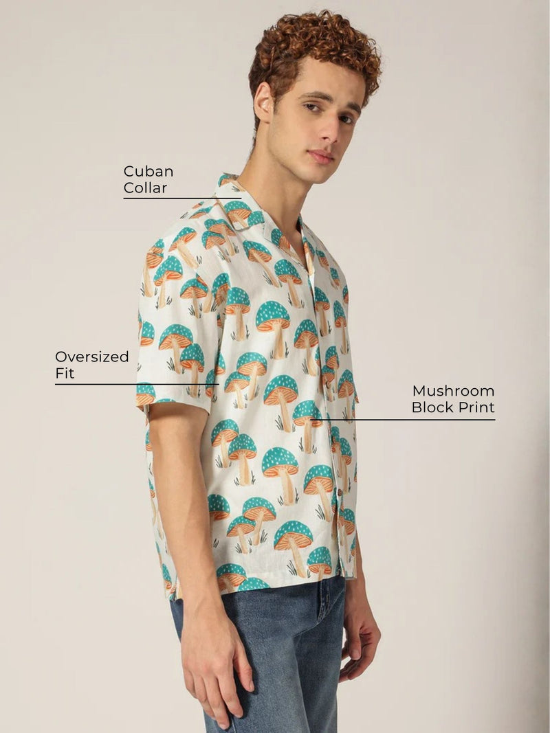 White & Blue: Tropical Block Printed Drop Shoulder Oversized Shirt