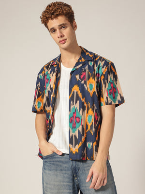 Blue: Abstract Printed Drop Shoulder Oversized Shirt