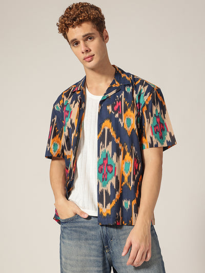 Blue: Abstract Printed Drop Shoulder Oversized Shirt