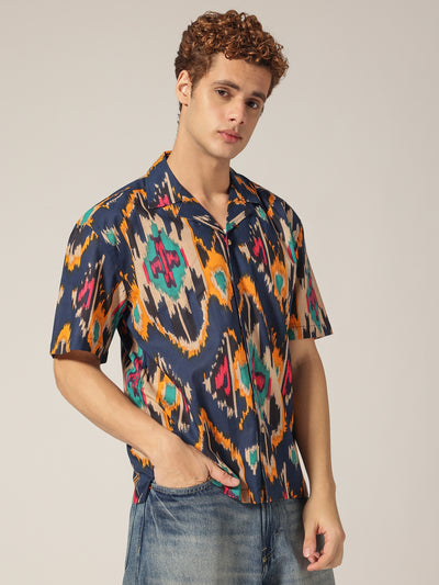 Blue: Abstract Printed Drop Shoulder Oversized Shirt