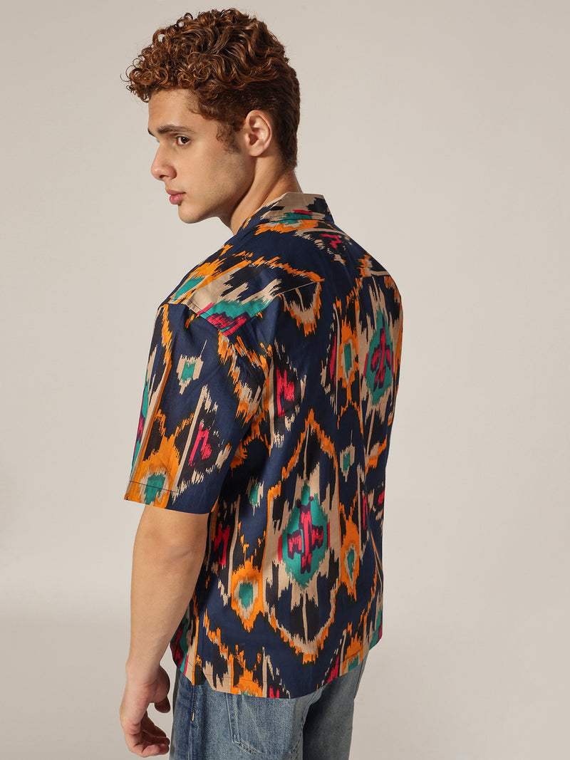 Blue: Abstract Printed Drop Shoulder Oversized Shirt