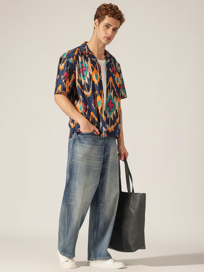 Blue: Abstract Printed Drop Shoulder Oversized Shirt
