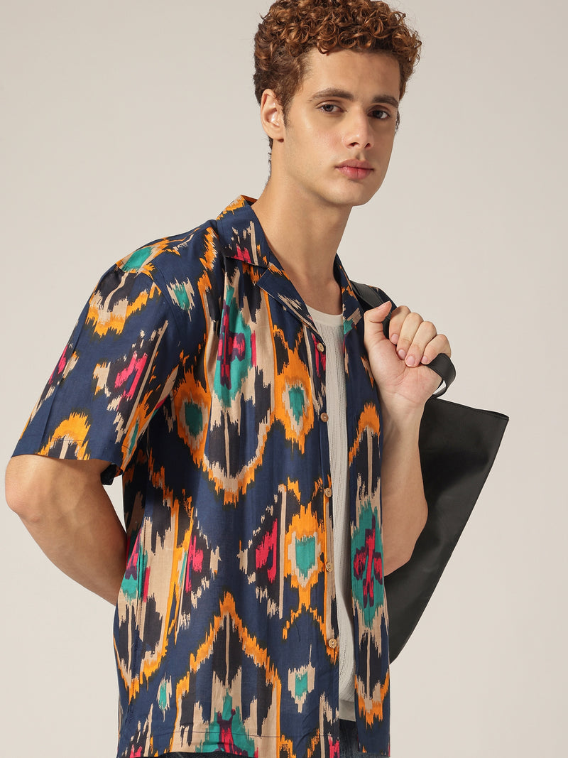 Blue: Abstract Printed Drop Shoulder Oversized Shirt