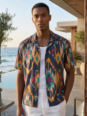 Blue: Abstract Printed Drop Shoulder Oversized Shirt