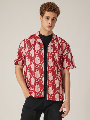Maroon: Block Printed Drop Shoulder Oversized Shirt