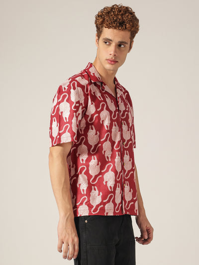 Maroon: Block Printed Drop Shoulder Oversized Shirt