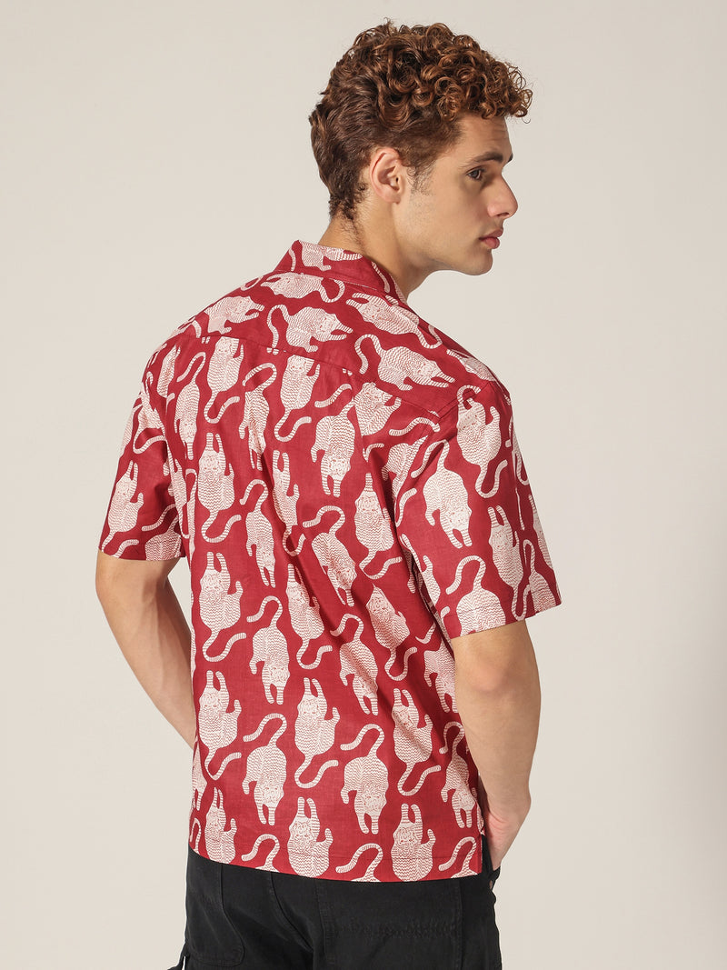 Maroon: Block Printed Drop Shoulder Oversized Shirt