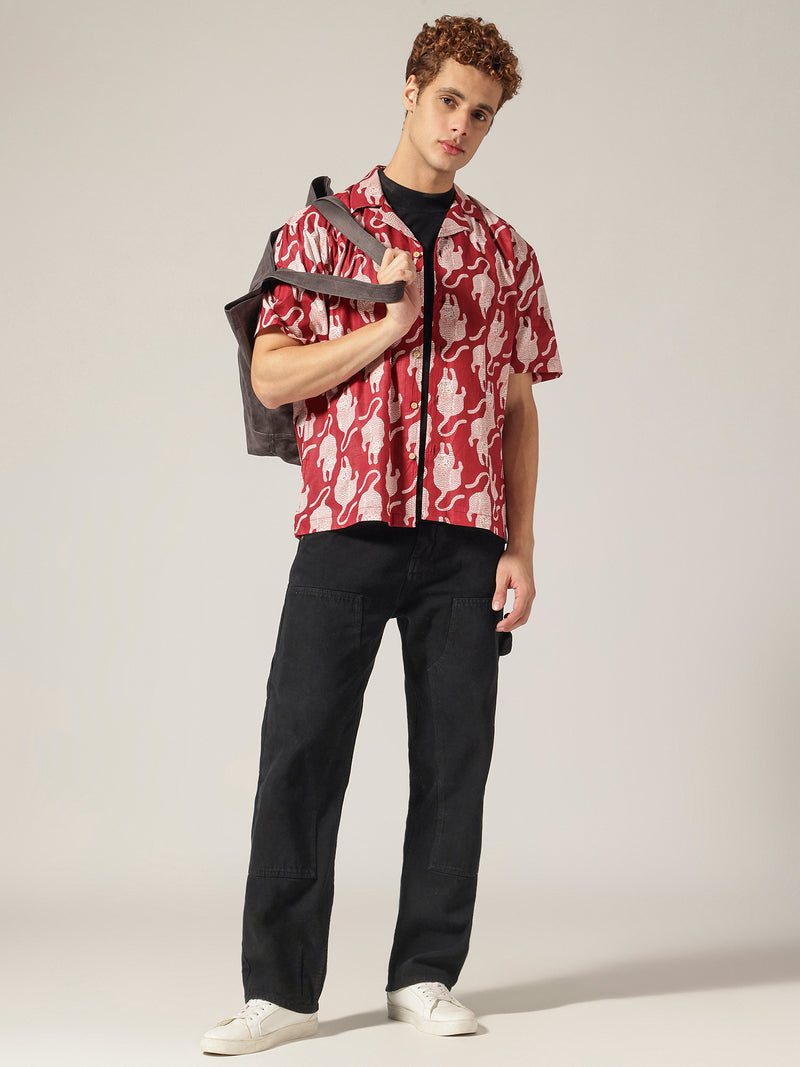 Maroon: Block Printed Drop Shoulder Oversized Shirt