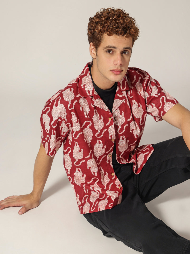Maroon: Block Printed Drop Shoulder Oversized Shirt