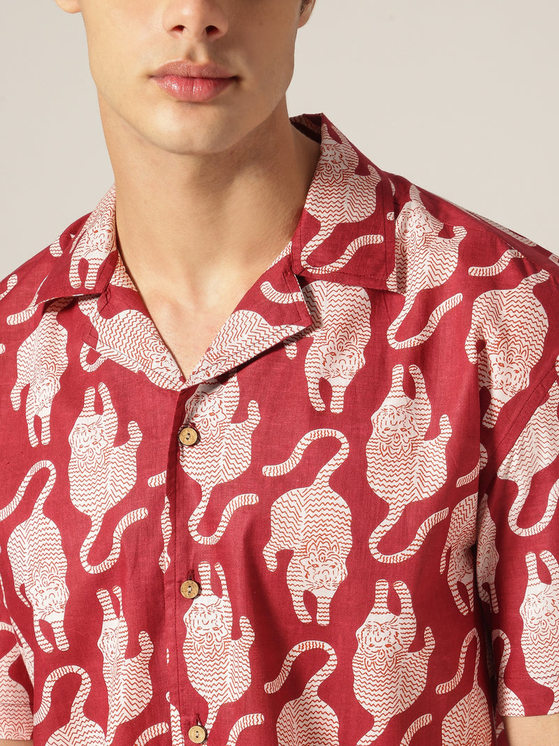 Maroon: Block Printed Drop Shoulder Oversized Shirt