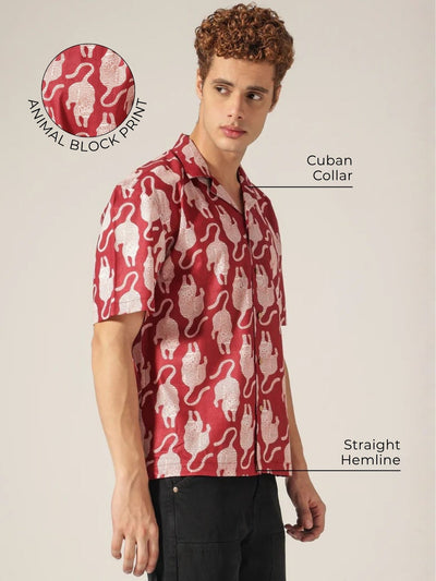Maroon: Block Printed Drop Shoulder Oversized Shirt