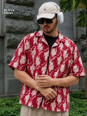 Maroon: Block Printed Drop Shoulder Oversized Shirt