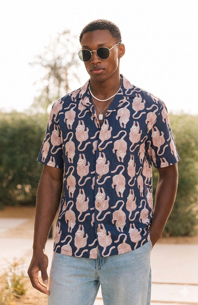 Navy Blue: Block Printed Drop Shoulder Oversized Shirt