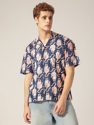 Navy Blue: Block Printed Drop Shoulder Oversized Shirt