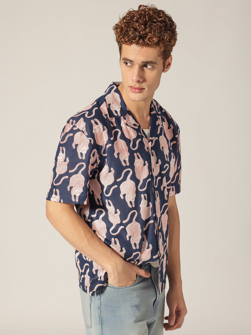 Navy Blue: Block Printed Drop Shoulder Oversized Shirt