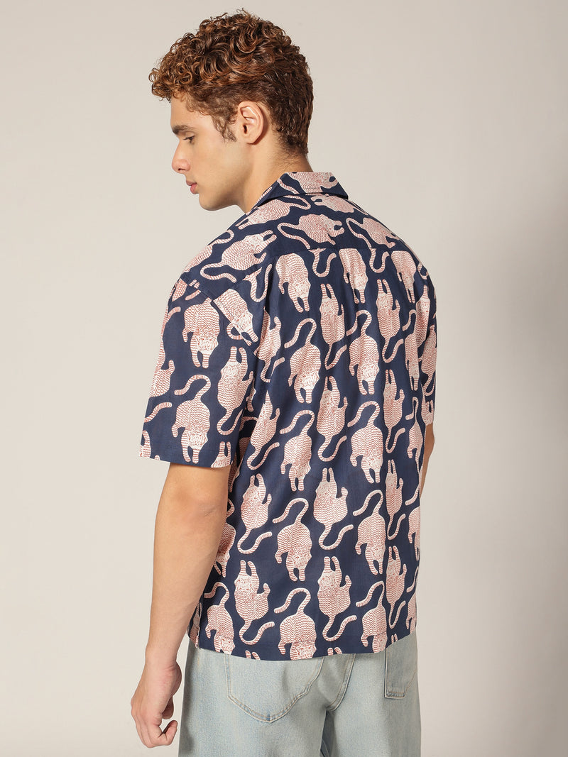 Navy Blue: Block Printed Drop Shoulder Oversized Shirt
