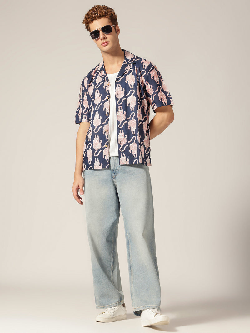 Navy Blue: Block Printed Drop Shoulder Oversized Shirt