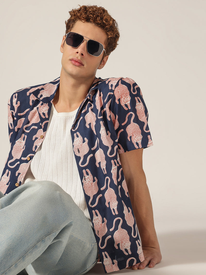 Navy Blue: Block Printed Drop Shoulder Oversized Shirt