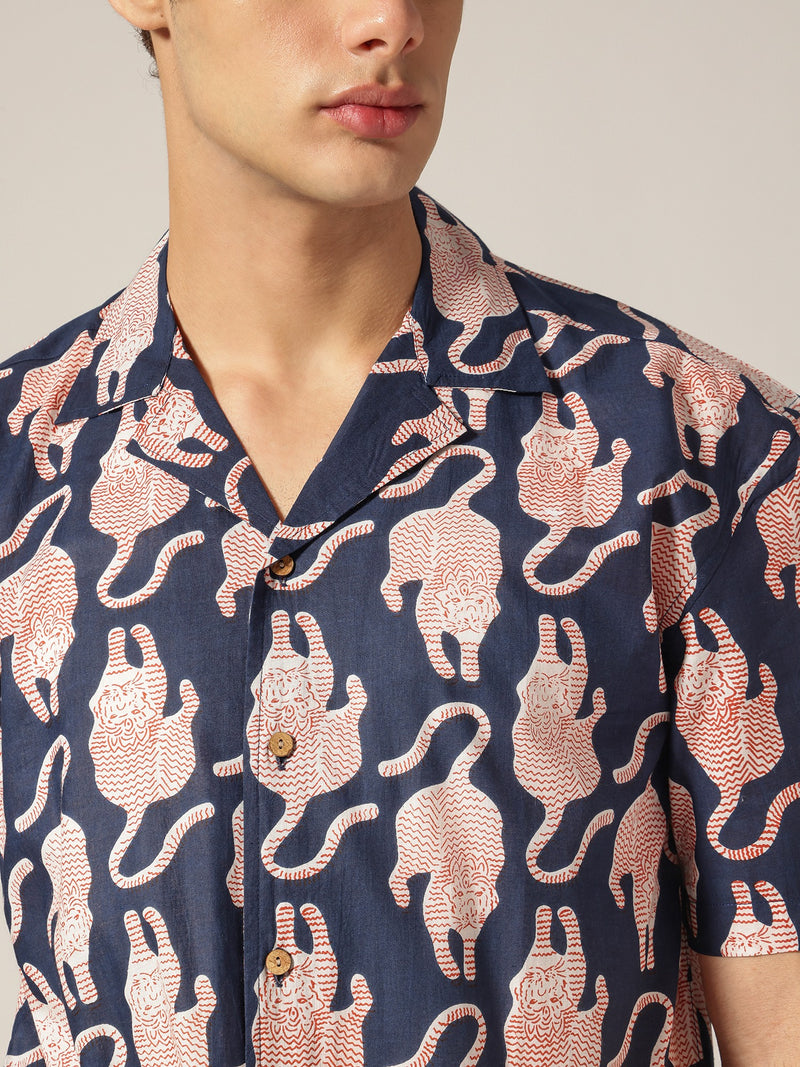 Navy Blue: Block Printed Drop Shoulder Oversized Shirt