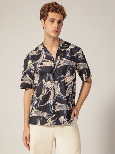 Dark Blue: Block Printed Drop Shoulder Oversized Shirt