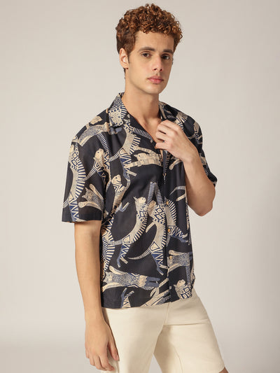 Dark Blue: Block Printed Drop Shoulder Oversized Shirt