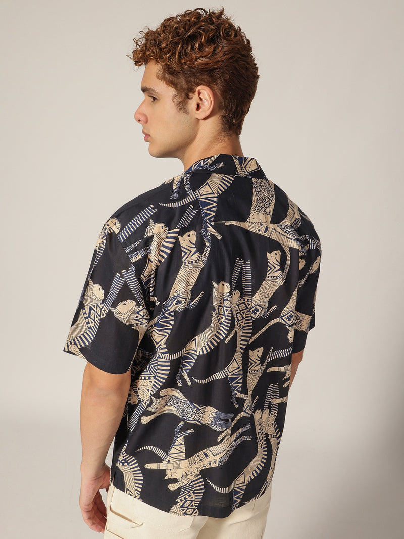 Dark Blue: Block Printed Drop Shoulder Oversized Shirt