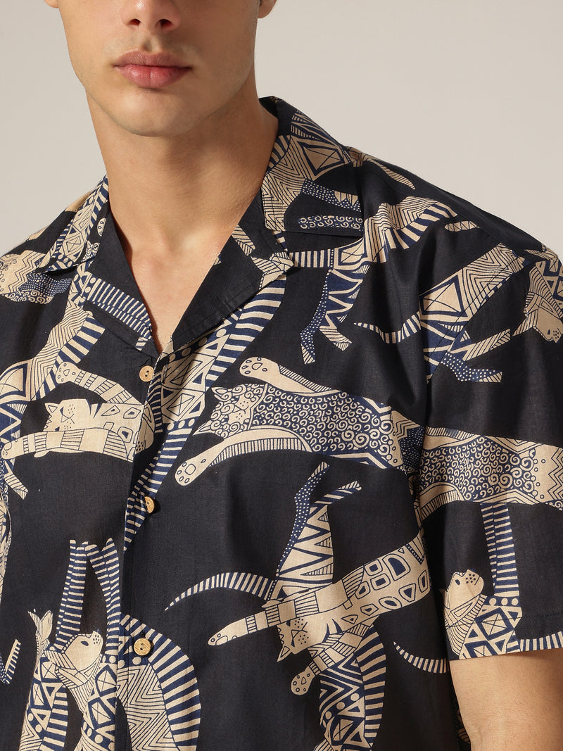 Dark Blue: Block Printed Drop Shoulder Oversized Shirt