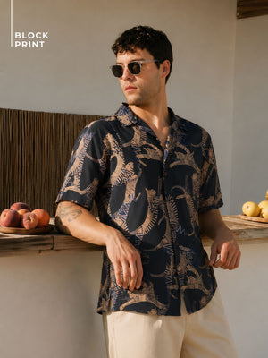 Dark Blue: Block Printed Drop Shoulder Oversized Shirt