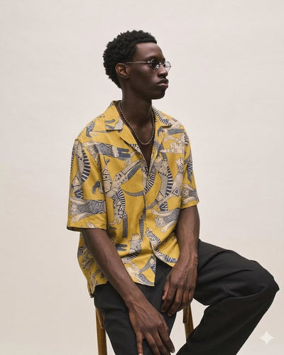 Yellow: Block Printed Drop Shoulder Oversized Shirt