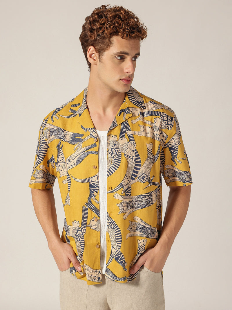 Yellow: Block Printed Drop Shoulder Oversized Shirt