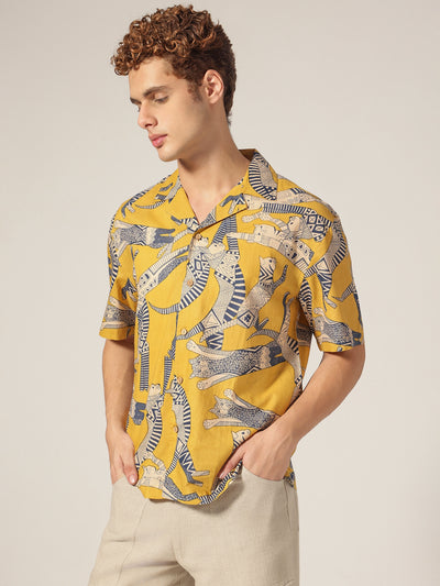 Yellow: Block Printed Drop Shoulder Oversized Shirt